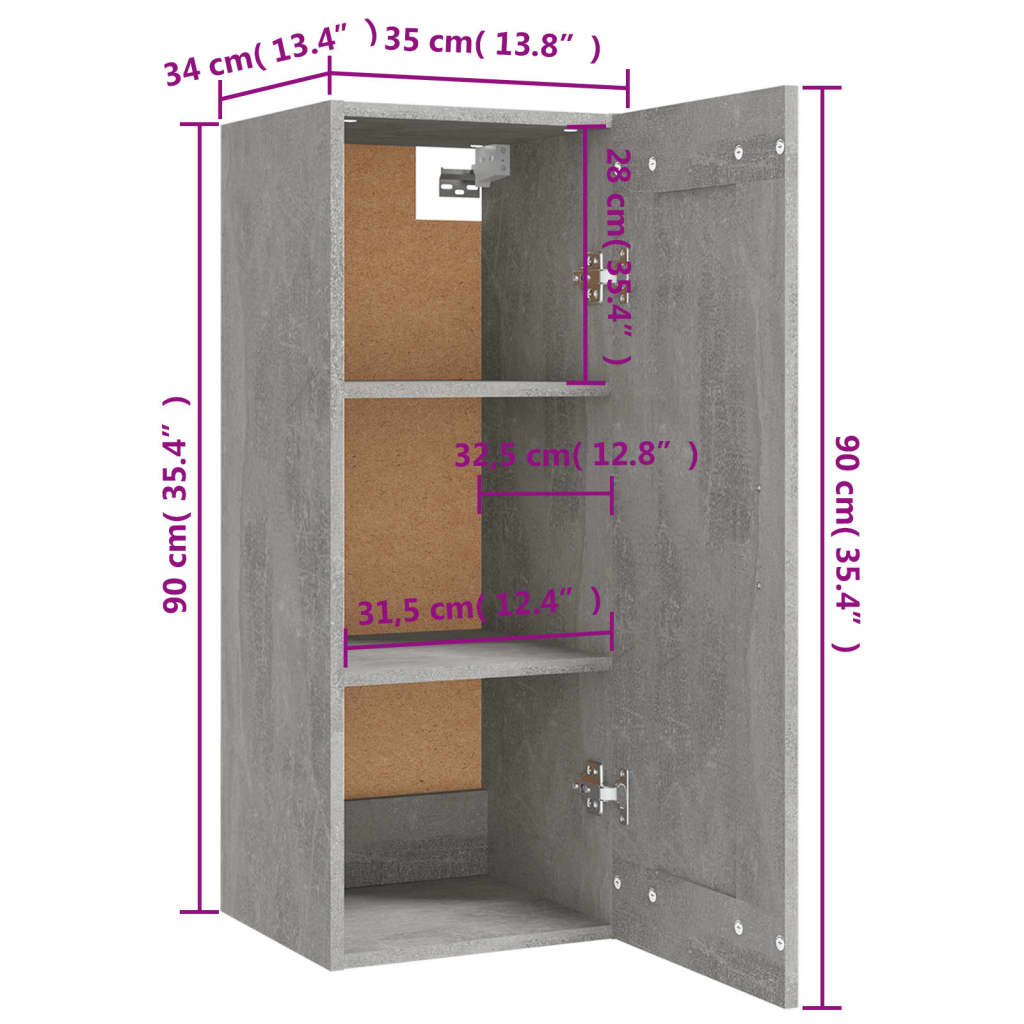 Armoire murale gris béton 35x34x90 cm en bois