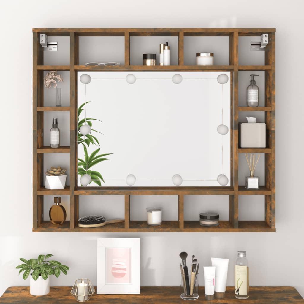 Armoire à miroir avec LED chêne fumé 91x15x76,5 cm