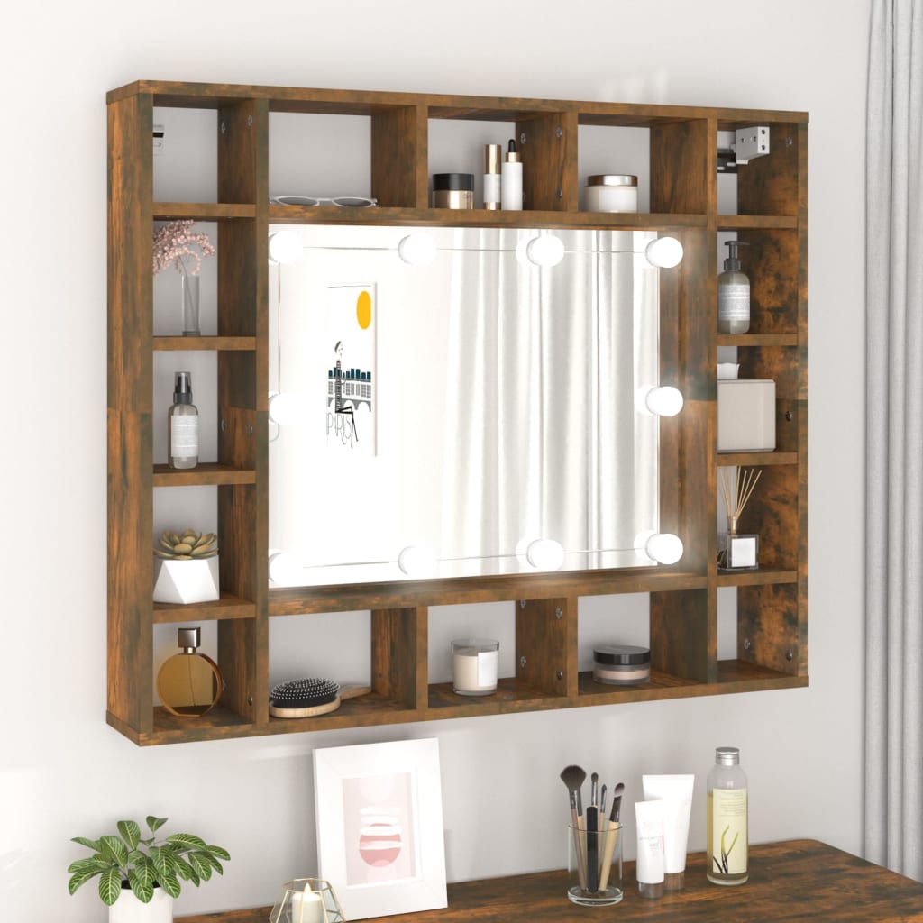 Armoire à miroir avec LED chêne fumé 91x15x76,5 cm