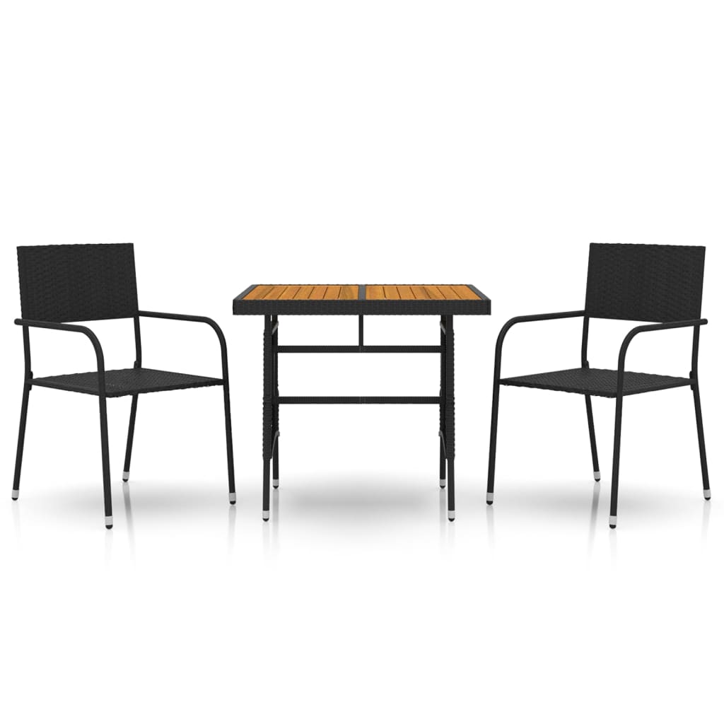 3 piezas. Conjunto de comedor de jardín poliratán negro