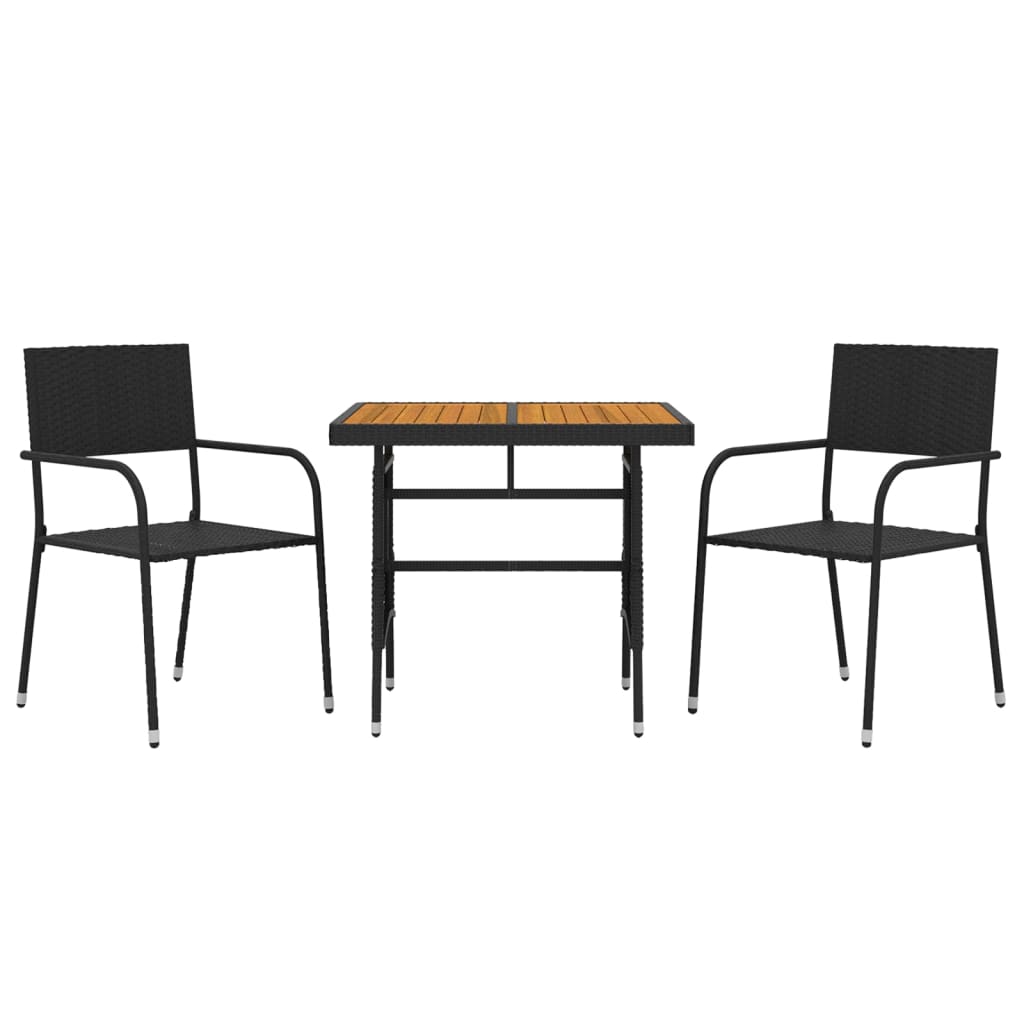 3 piezas. Conjunto de comedor de jardín poliratán negro