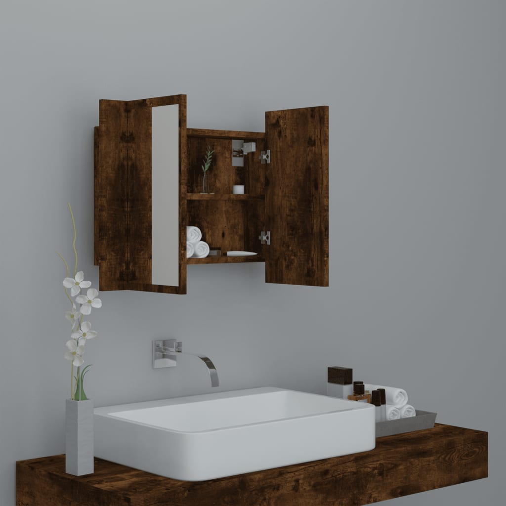 Armoire à miroir LED chêne fumé 60x12x45 cm en bois