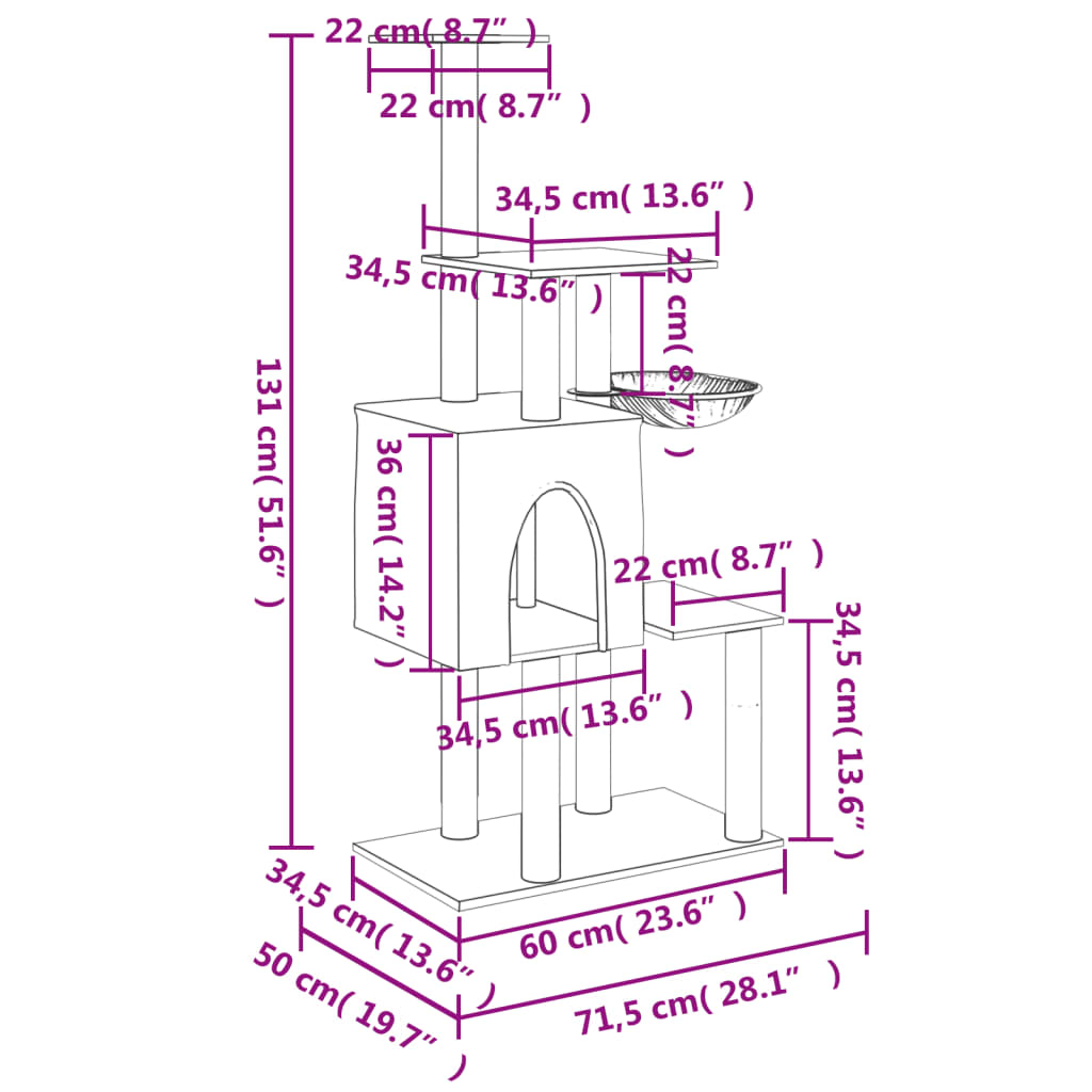 Arbre à chat avec griffoir en sisal crème 131 cm