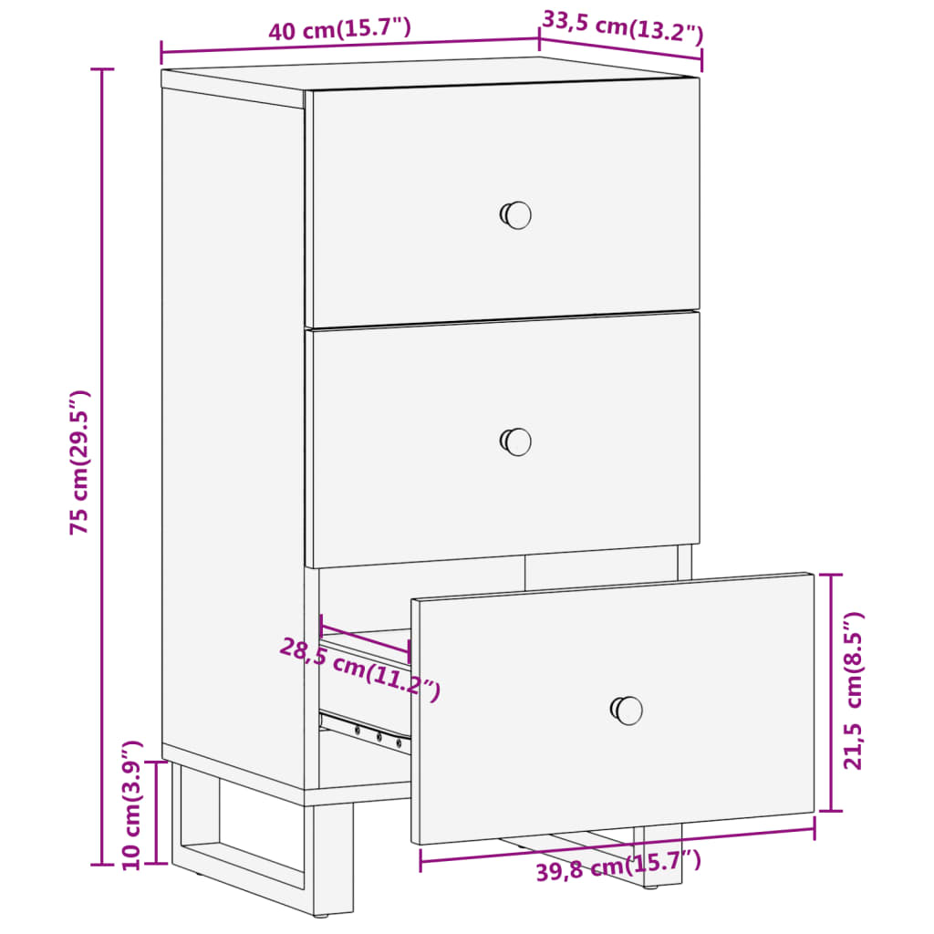 Beistellschrank Braun und Schwarz 40x33,5x75 Massivholz Mango