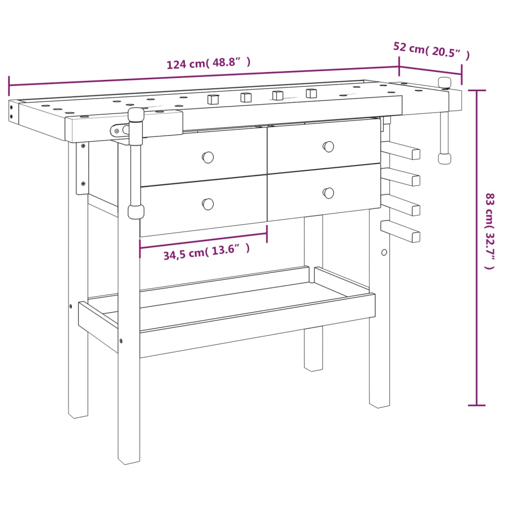 Werkbank mit Schubladen Schraubstöcken 124x52x83 cm Akazienholz