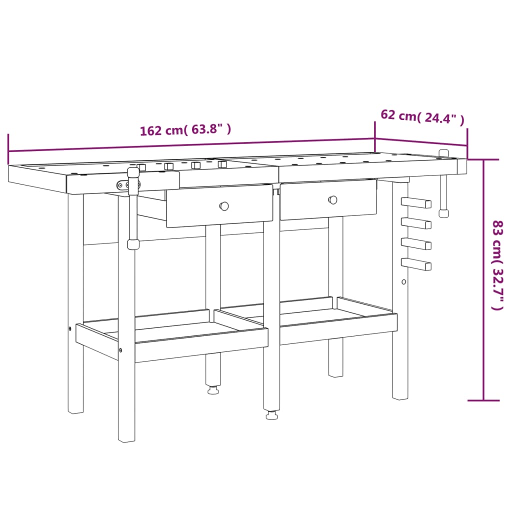 Werkbank mit Schubladen Schraubstöcken 162x62x83 cm Akazienholz