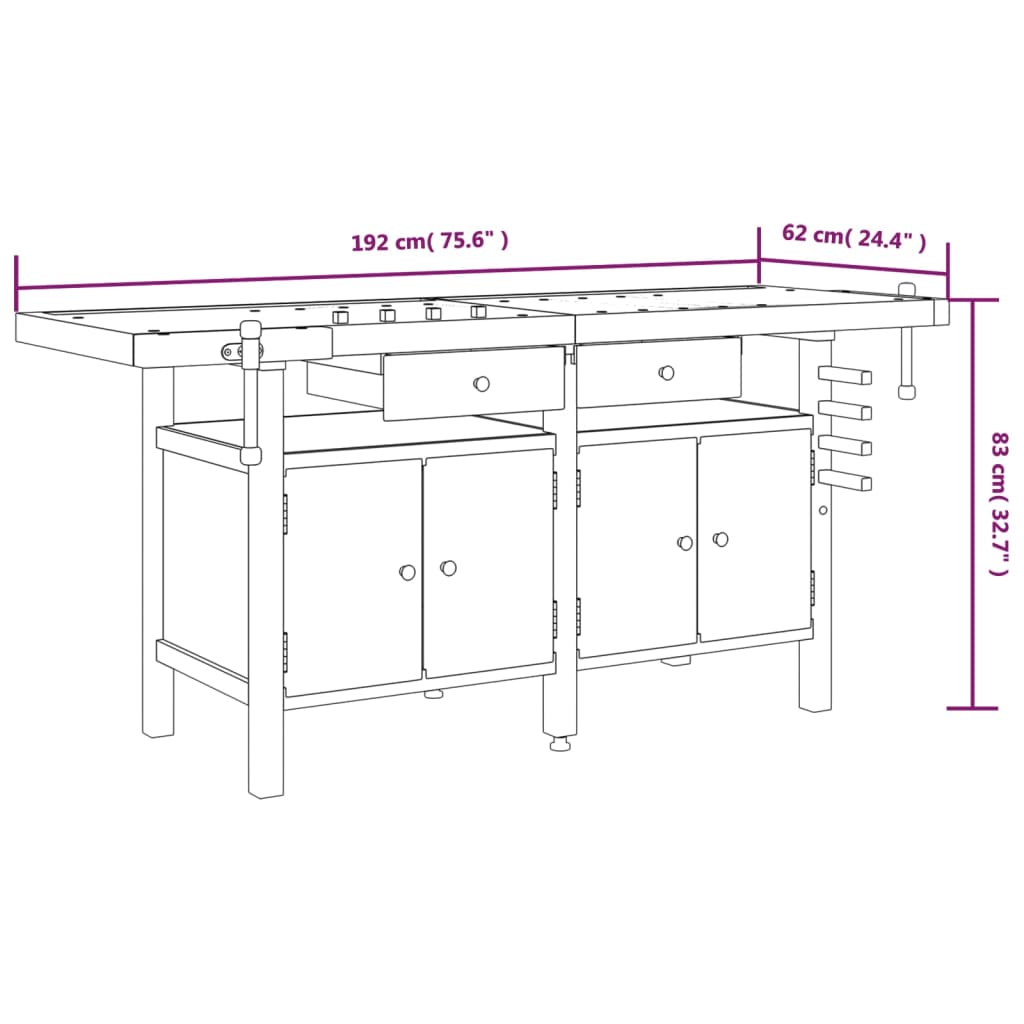 Werkbank mit Schubladen Schraubstöcken 192x62x83 cm Akazienholz