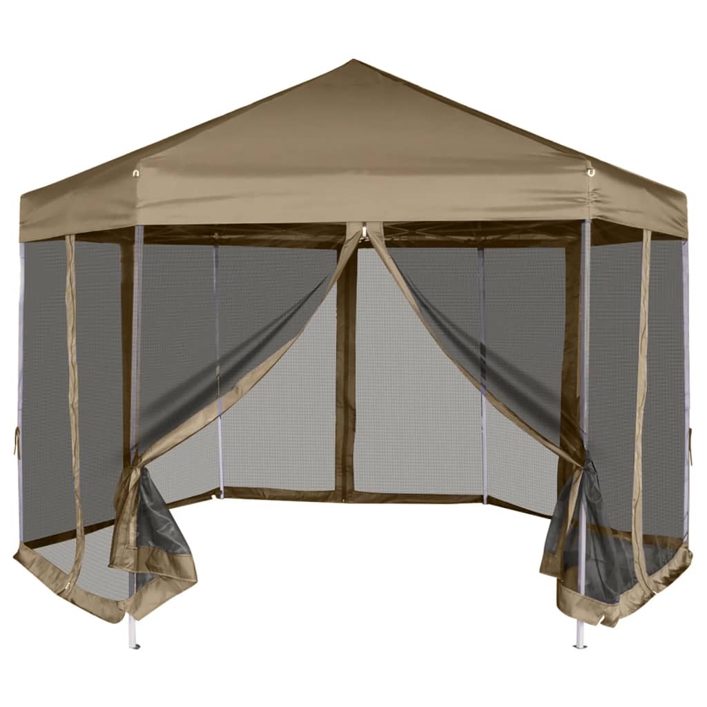 Pavillon pliant avec parois latérales hexagonales 3,6x3,1m taupe 220g/m²