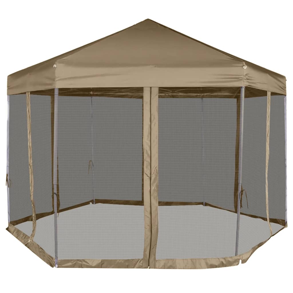 Pavillon pliant avec parois latérales hexagonales 3,6x3,1m taupe 220g/m²