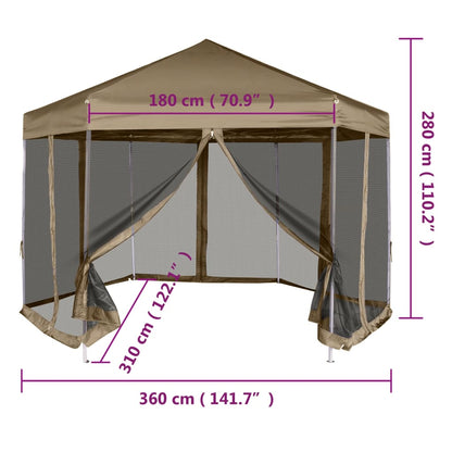 Pavillon pliant avec parois latérales hexagonales 3,6x3,1m taupe 220g/m²