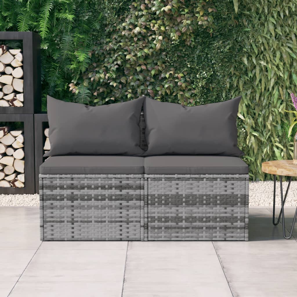 Garten-Mittelsofas mit Kissen 2 Stk. Grau Poly Rattan