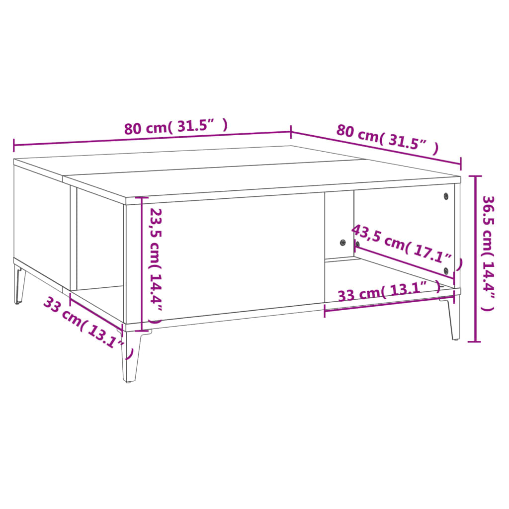 Mesa de centro aspecto roble marrón 80x80x36,5 cm de madera