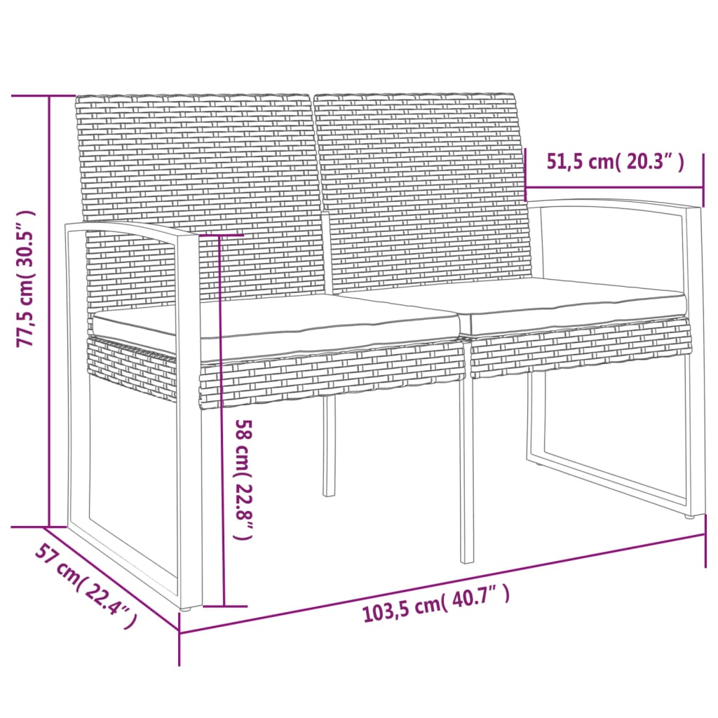 Banc de jardin 2 places avec coussins rotin PP noir