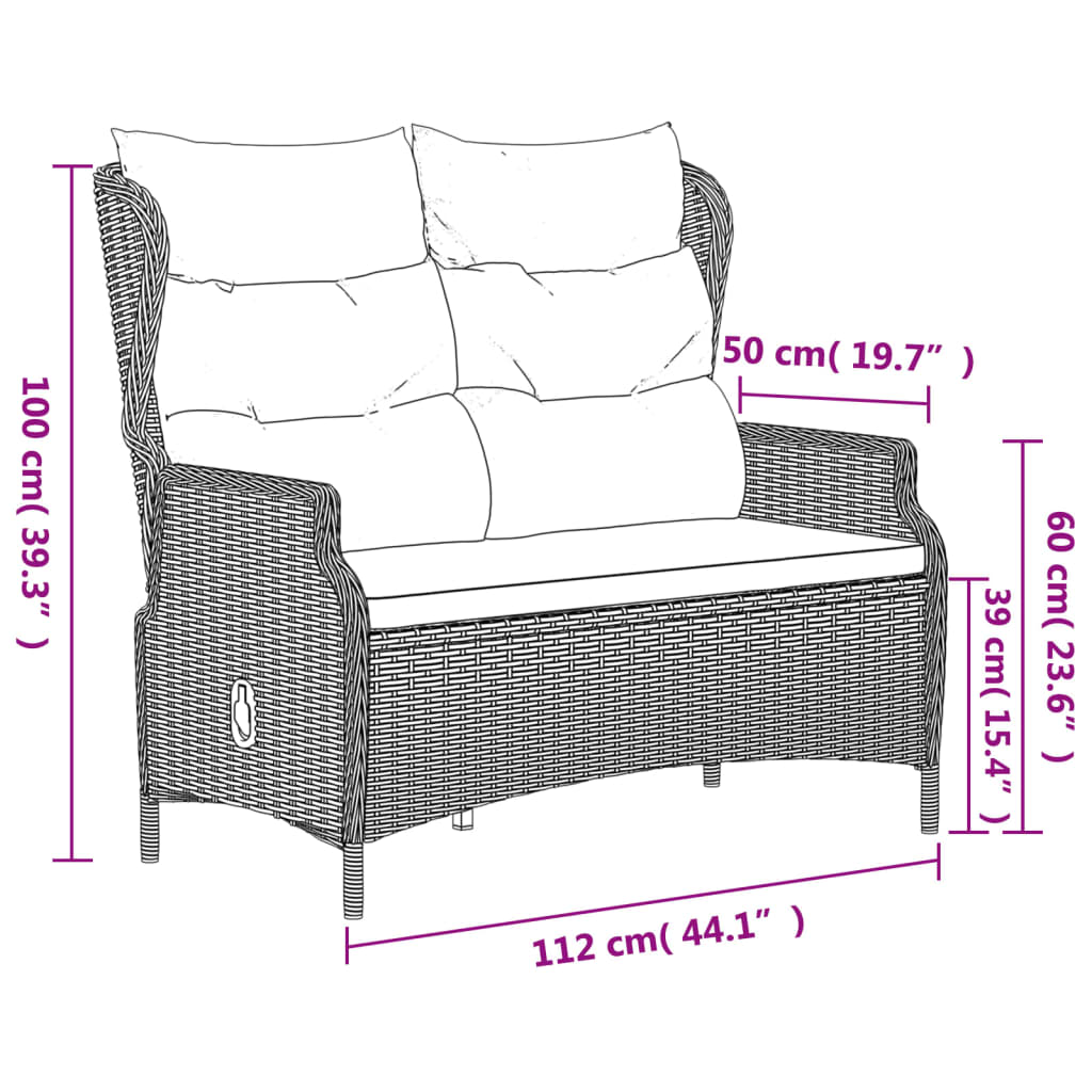 Banc de jardin 2 places avec coussins en polyrotin noir