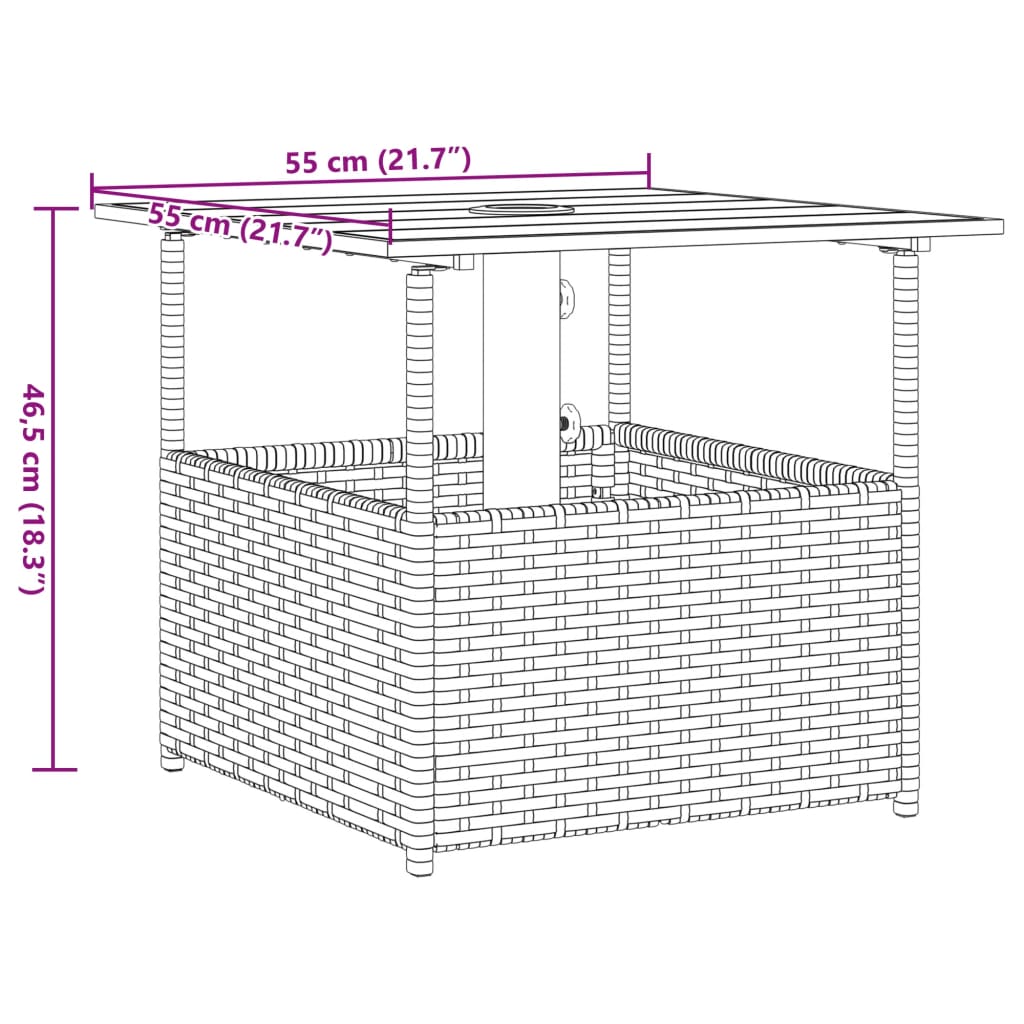 Garten-Couchtisch mit Schirmloch Braun 55x55x46,5 cm Poly Rattan