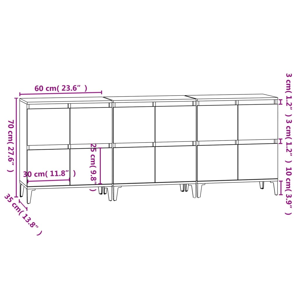 Aparadores 3 uds. Material madera gris cemento 60x35x70 cm