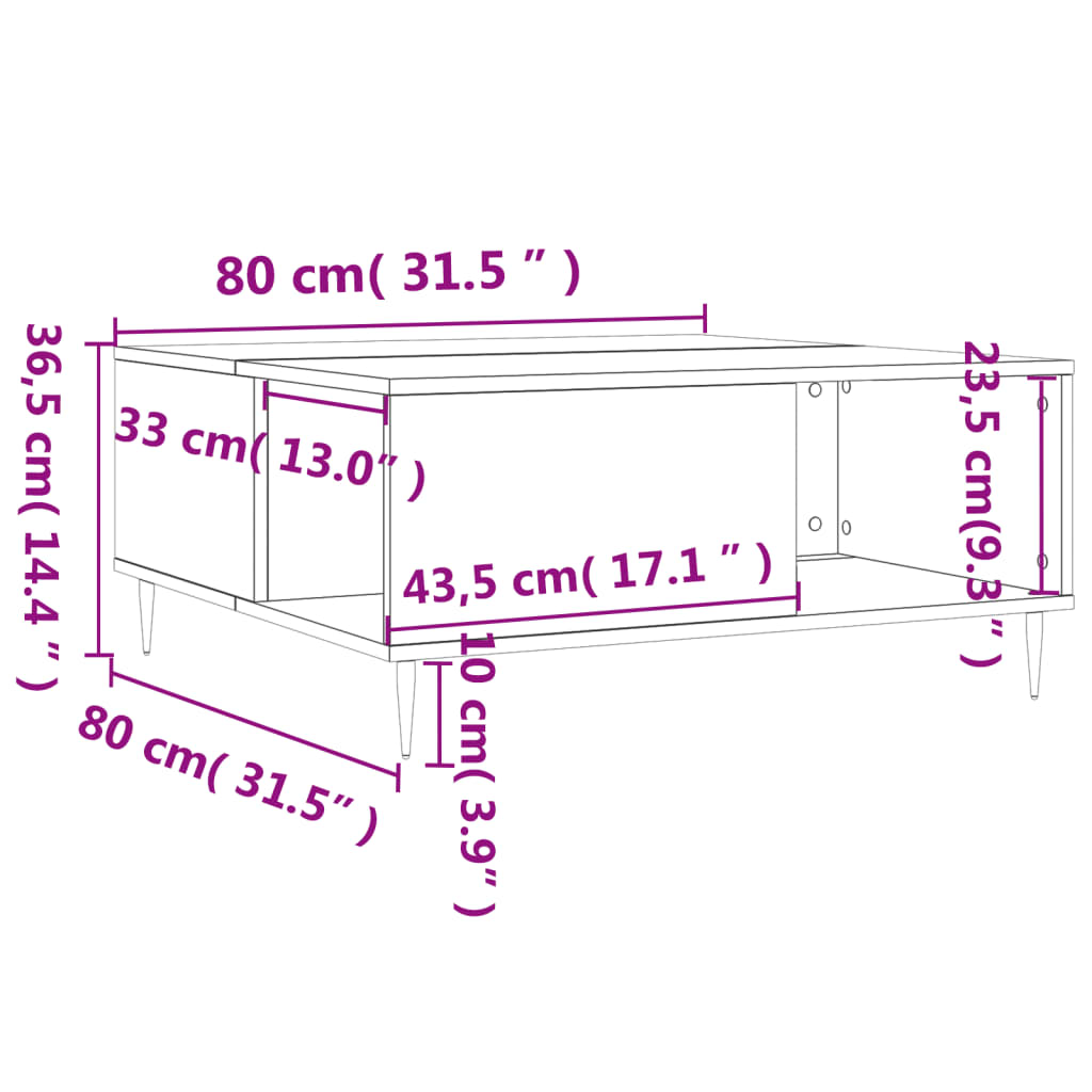 Mesa de centro aspecto roble marrón 80x80x36,5 cm de madera