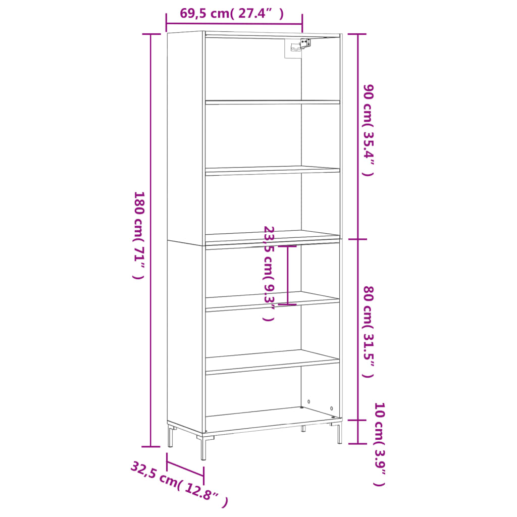 Buffet haut béton gris 69,5x32,5x180 cm matériau bois