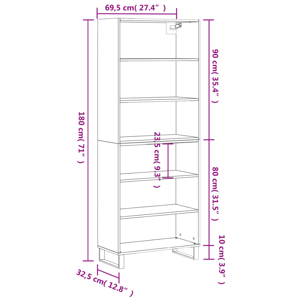 Buffet haut gris béton 69,5x32,5x180 cm en bois