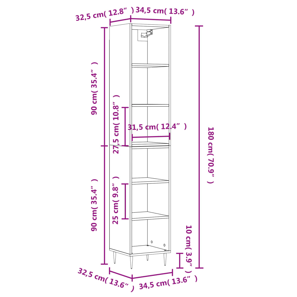 Buffet haut blanc brillant 34,5x32,5x180 cm en bois