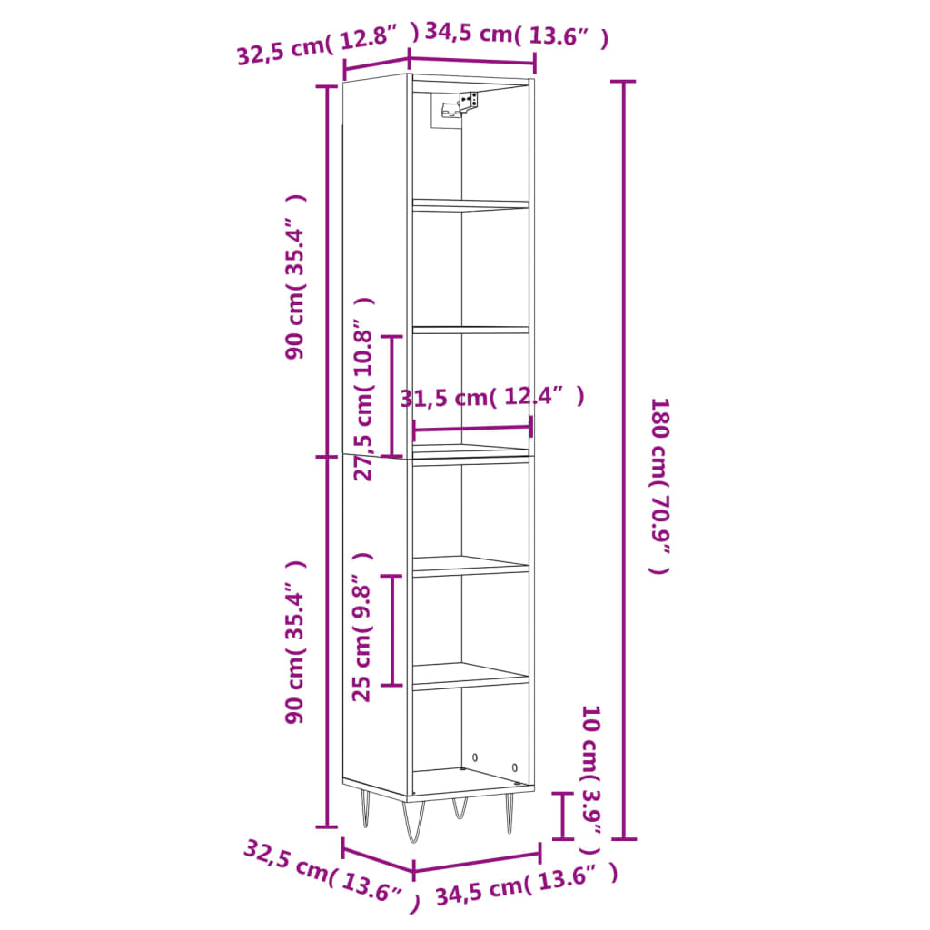 Buffet haut blanc brillant 34,5x32,5x180 cm en bois