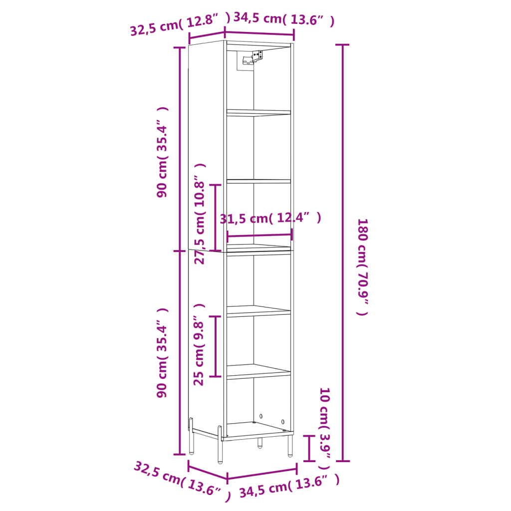 Buffet haut chêne fumé 34,5x32,5x180 cm matériau bois