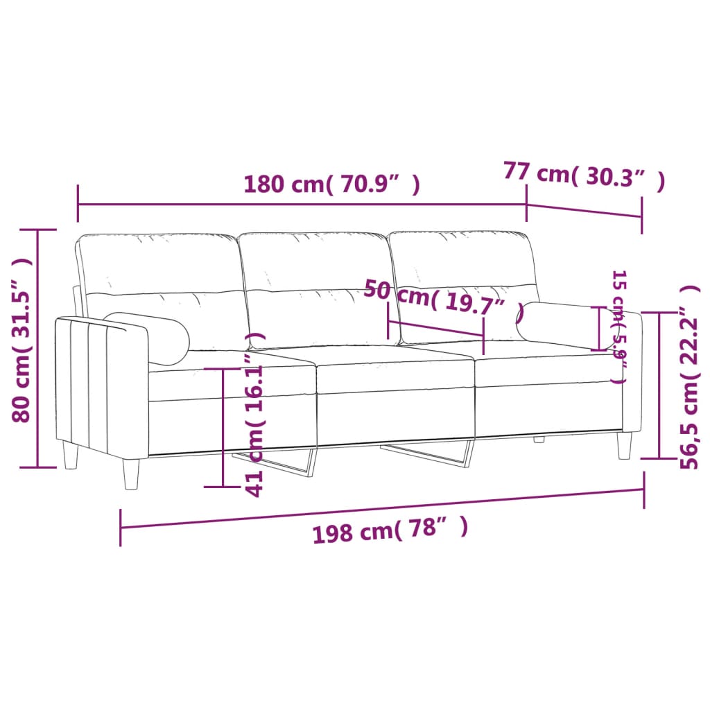 Canapé 3 places avec coussins décoratifs tissu gris clair 180 cm