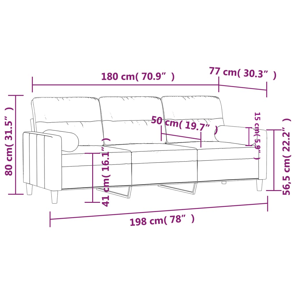 Sofá 3 plazas con cojines decorativos tela topo 180 cm