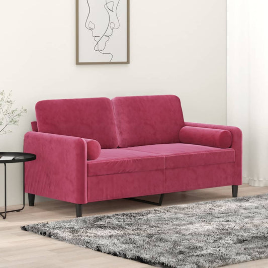 Sofá 2 plazas con cojines decorativos terciopelo rojo vino 140 cm