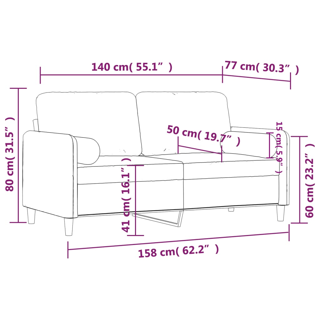 Sofá 2 plazas con cojines decorativos terciopelo marrón 140 cm