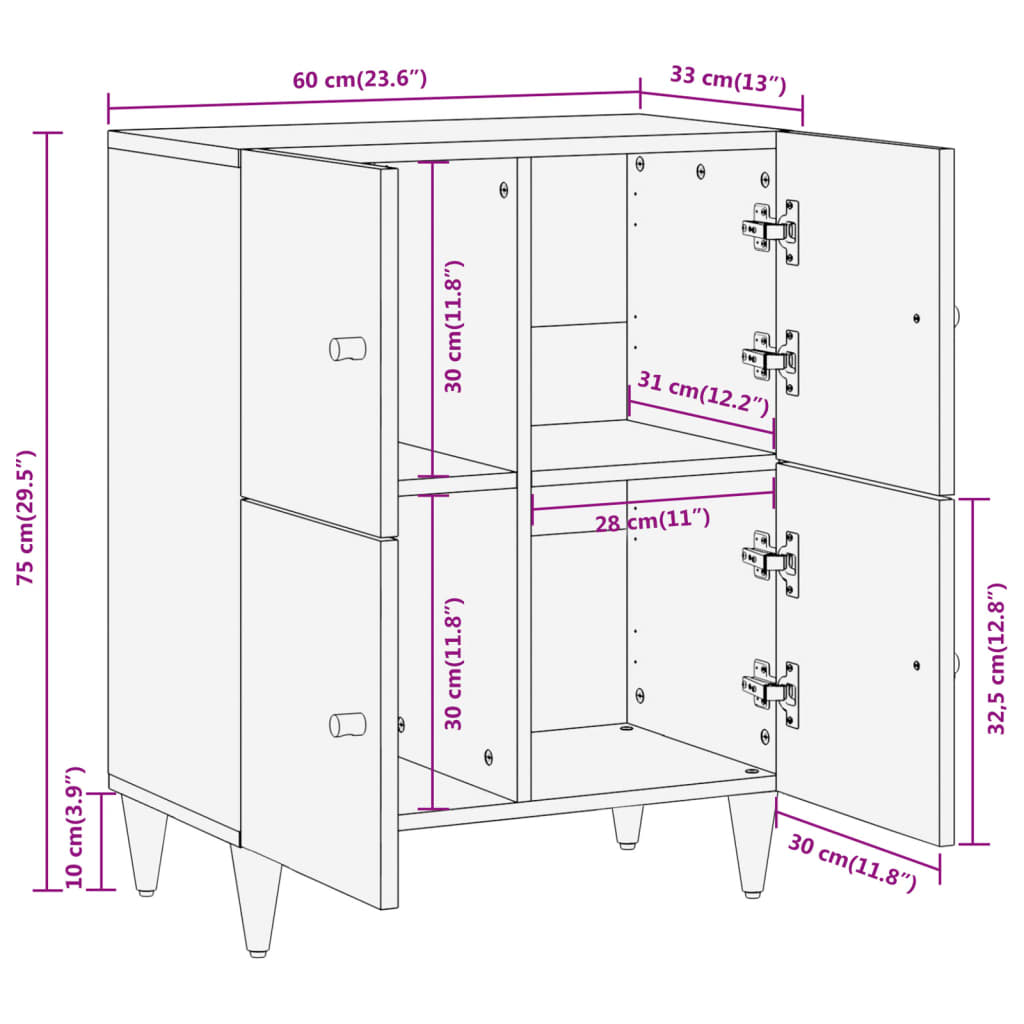 Meuble d'appoint 60x33x75 cm en bois de manguier massif