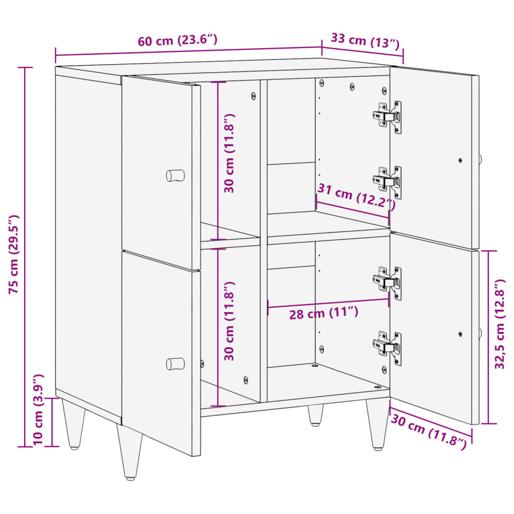 Beistellschrank 60x33x75 cm Massivholz Mango