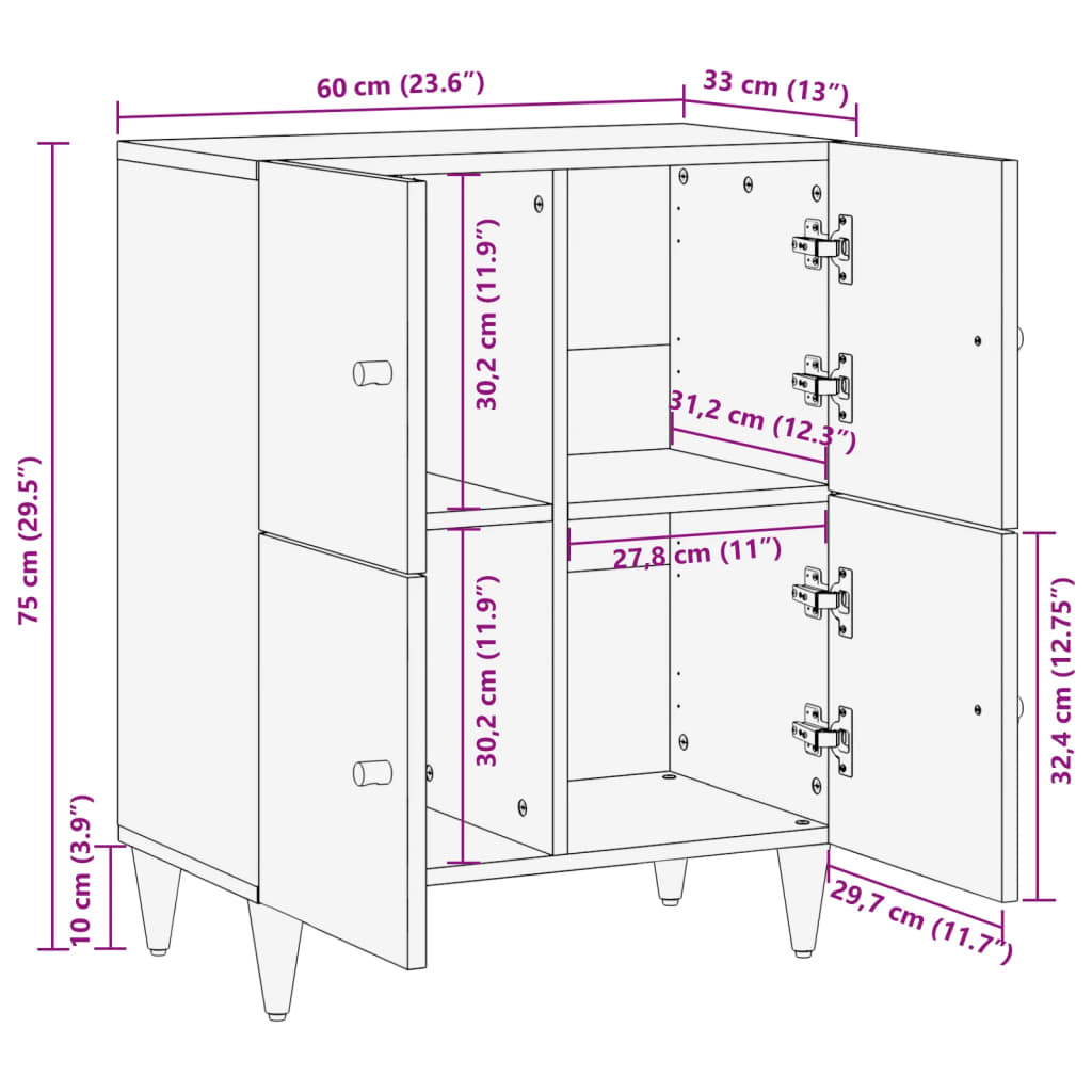 Beistellschrank 60x33x75 cm Massivholz Mango