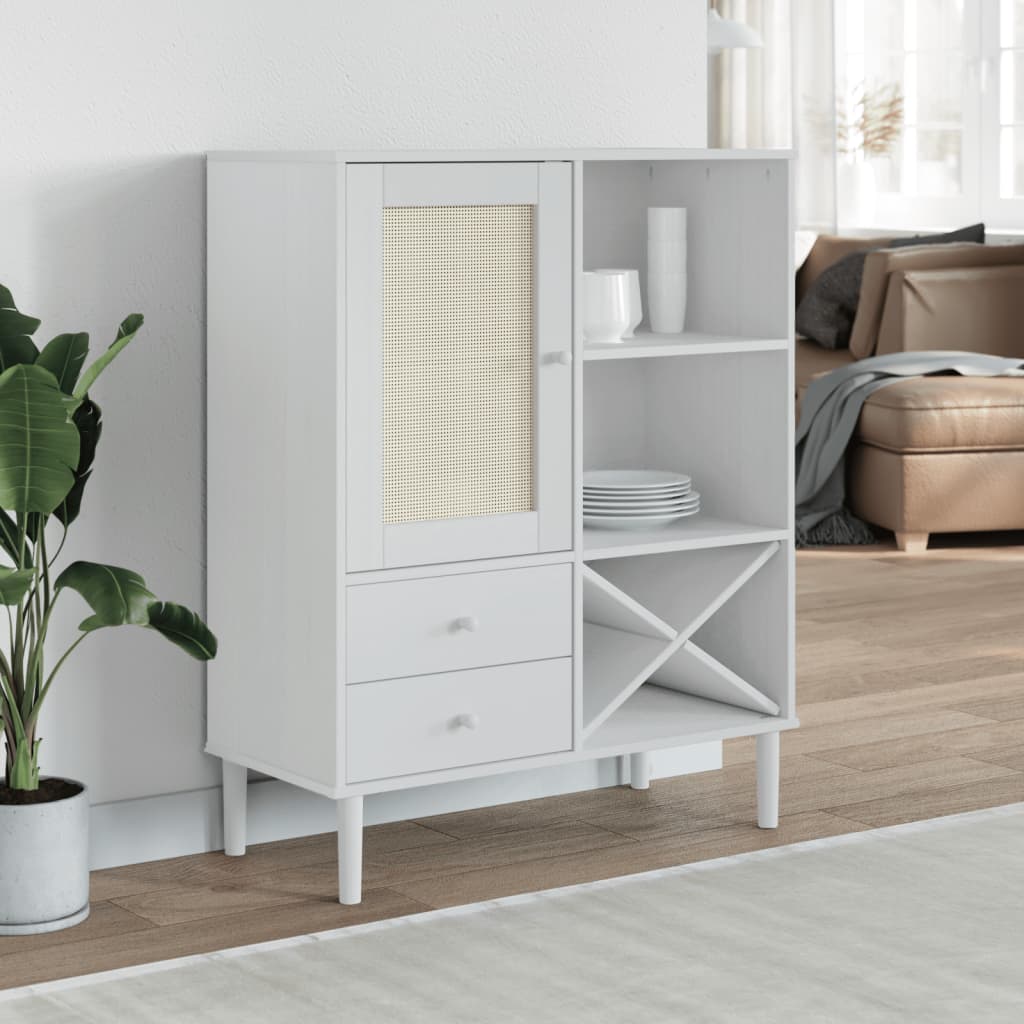 Buffet haut SENJA aspect rotin blanc 90x40x112 cm bois de pin