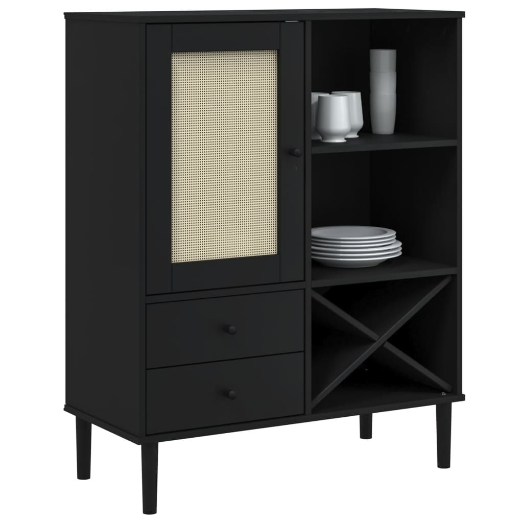 Buffet haut SENJA aspect rotin noir 90x40x112 cm bois de pin