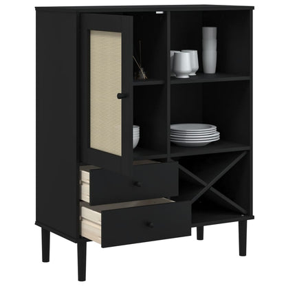 Buffet haut SENJA aspect rotin noir 90x40x112 cm bois de pin