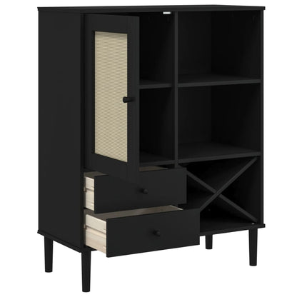 Buffet haut SENJA aspect rotin noir 90x40x112 cm bois de pin