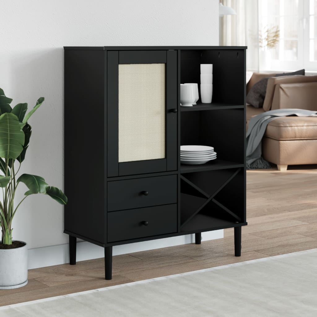 Buffet haut SENJA aspect rotin noir 90x40x112 cm bois de pin