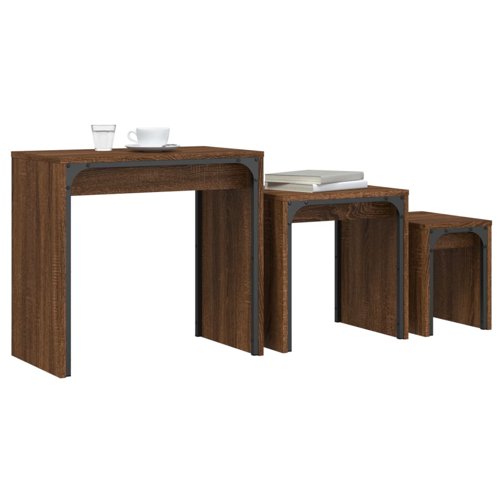 Tables gigognes 3 pcs. Matériau bois aspect chêne brun.