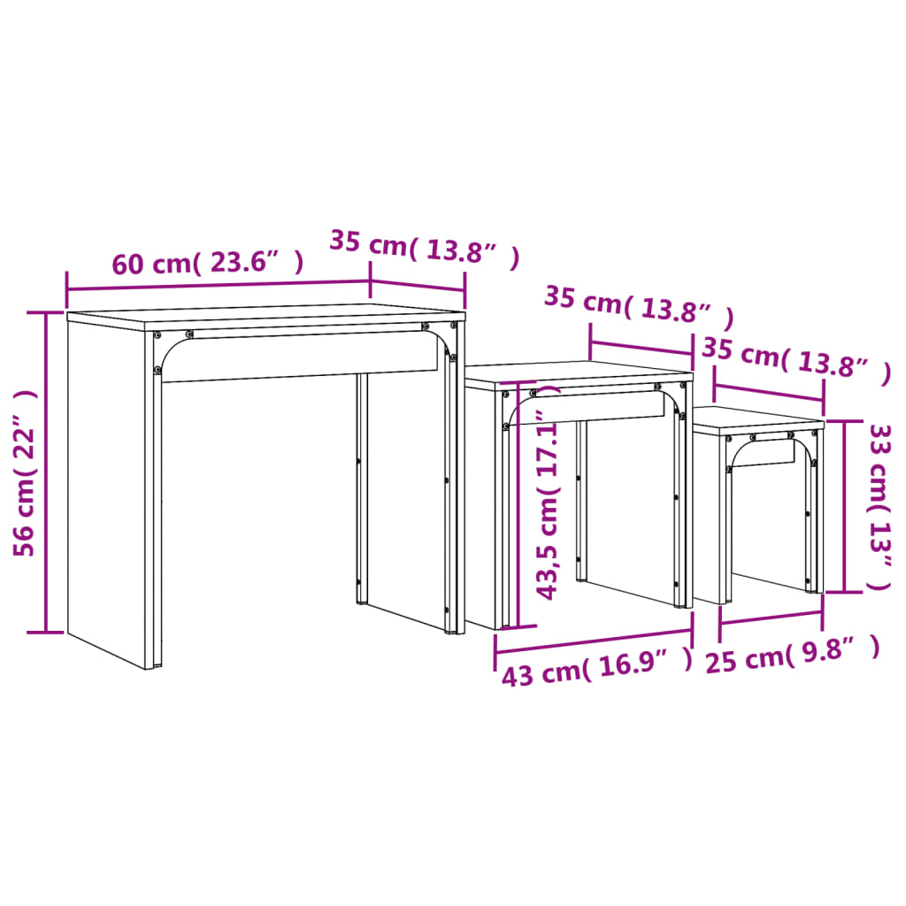 Tables gigognes 3 pcs. Matériau bois aspect chêne brun.