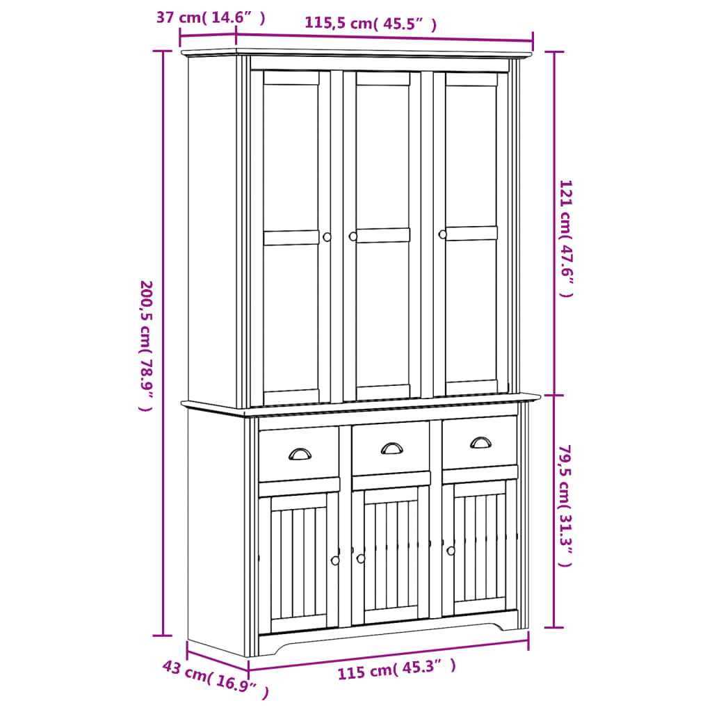 Highboard BODO Weiß Braun 115,5x43x200,5 cm Massivholz Kiefer