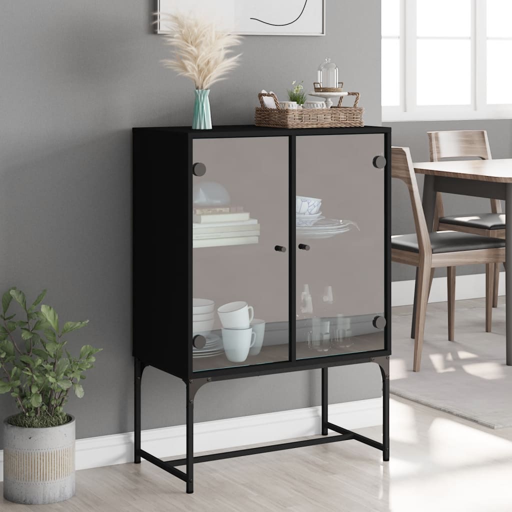 Beistellschrank mit Glastüren Schwarz 69x37x100 cm