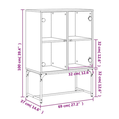 Beistellschrank mit Glastüren Schwarz 69x37x100 cm