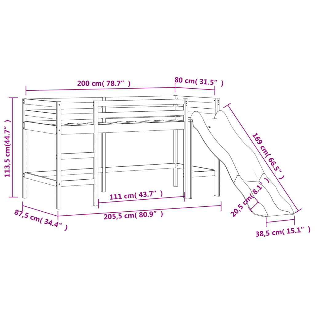 Kinderhochbett mit Rutsche Schwarz 80x200 cm Massivholz Kiefer