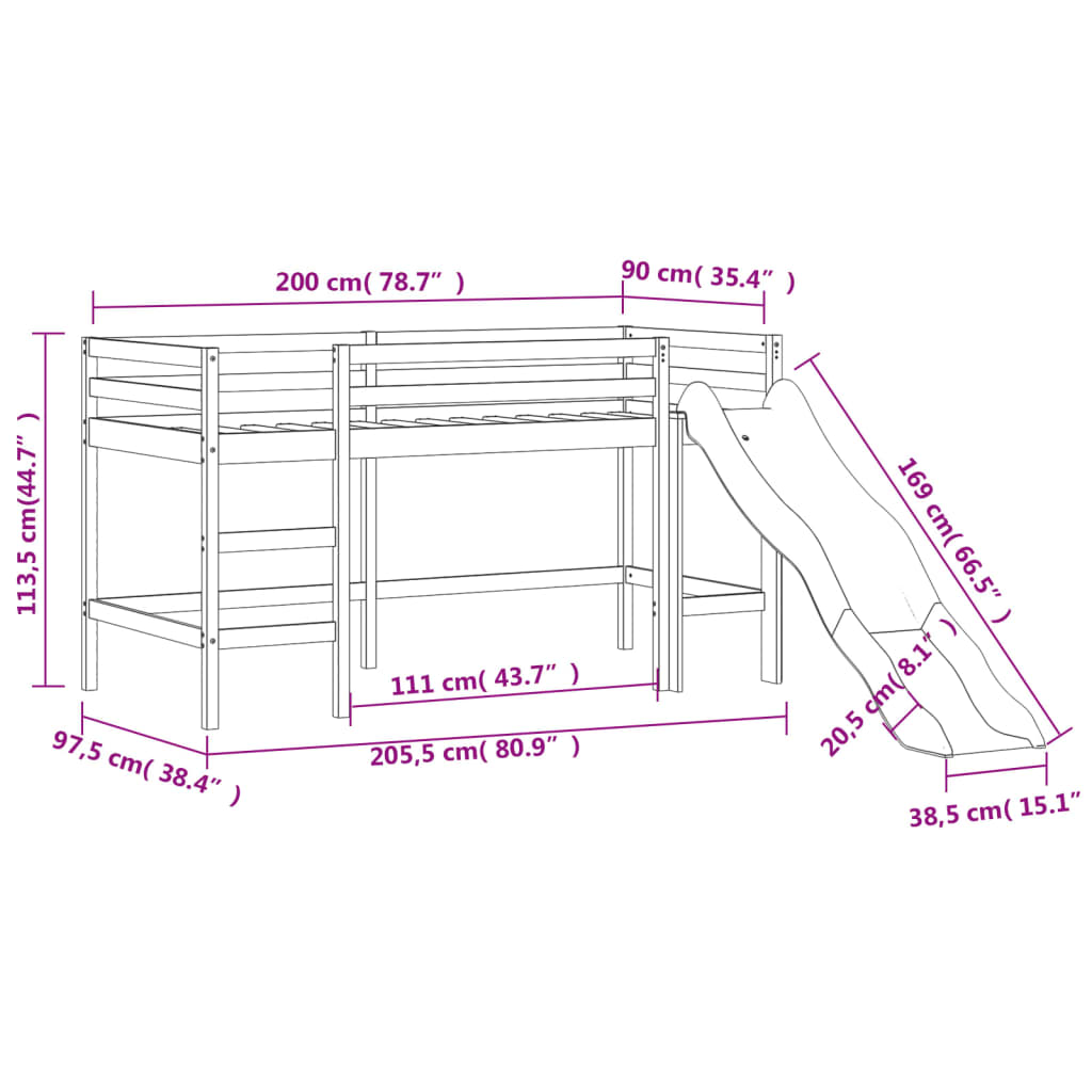 Kinderhochbett mit Rutsche Schwarz 90x200 cm Massivholz Kiefer