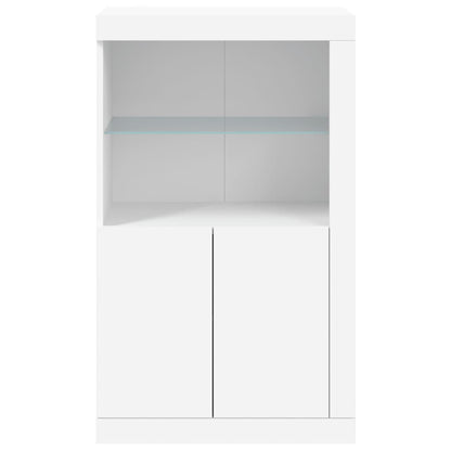 Mueble auxiliar con luces LED fabricado en material de madera blanca.