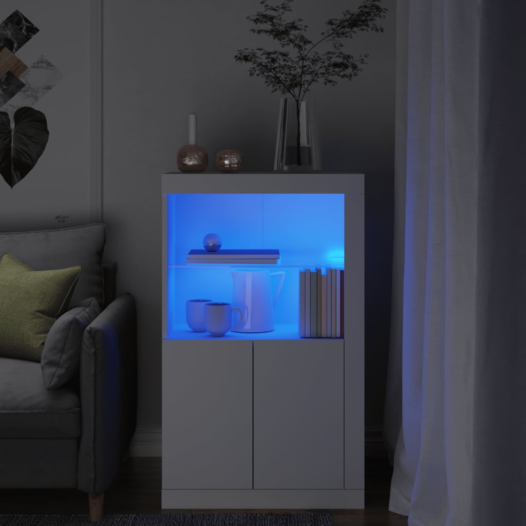 Mueble auxiliar con luces LED fabricado en material de madera blanca.