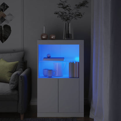 Mueble auxiliar con luces LED fabricado en material de madera blanca.