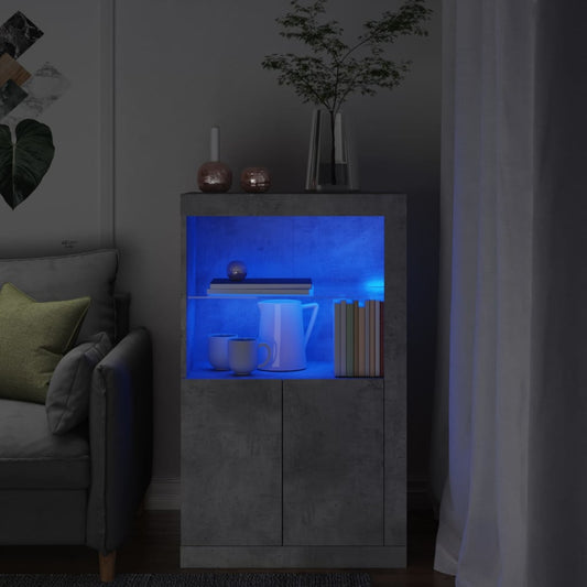 Armoire latérale avec lumières LED en matériau bois gris béton