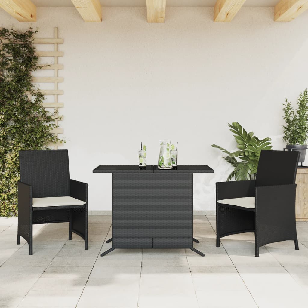 3-tlg. Bistro-Set mit Kissen Schwarz Poly Rattan